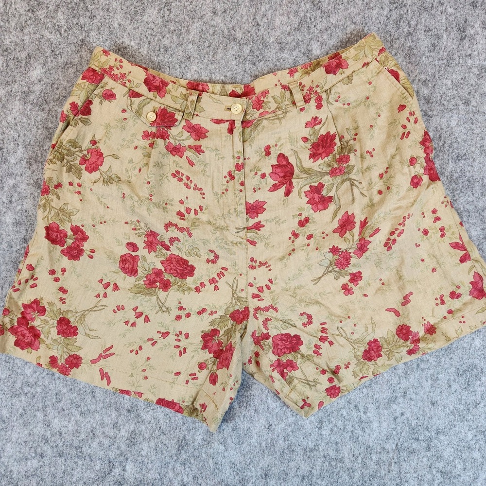VTG Lauren Ralph Lauren Shorts Women 16 Tan Floral Linen High Rise Cottagecore